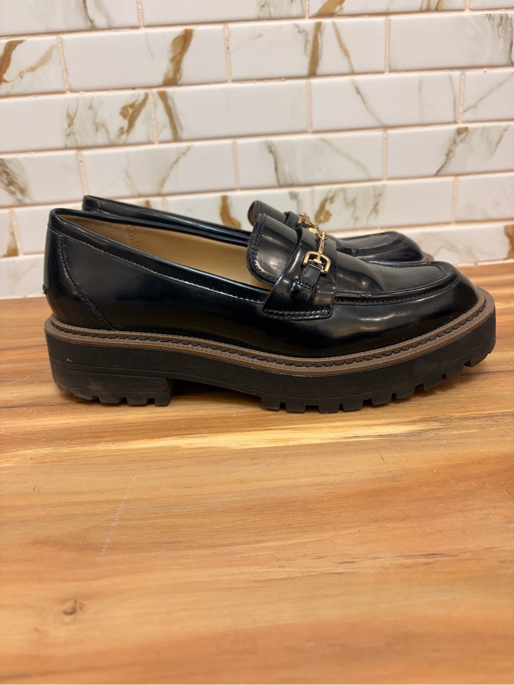 Sam Edelman Black Patent Lug-Sole Loafers with Gold Bit